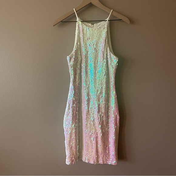 Women's M Dress the Population Iridescent White Sequin Halter Mini Dress - Picture 2 of 8